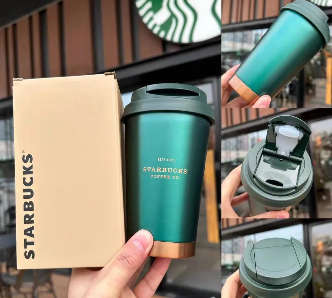 Starbucks Dark Green Gold Edge Stainless Steel Insulated Travel Cup